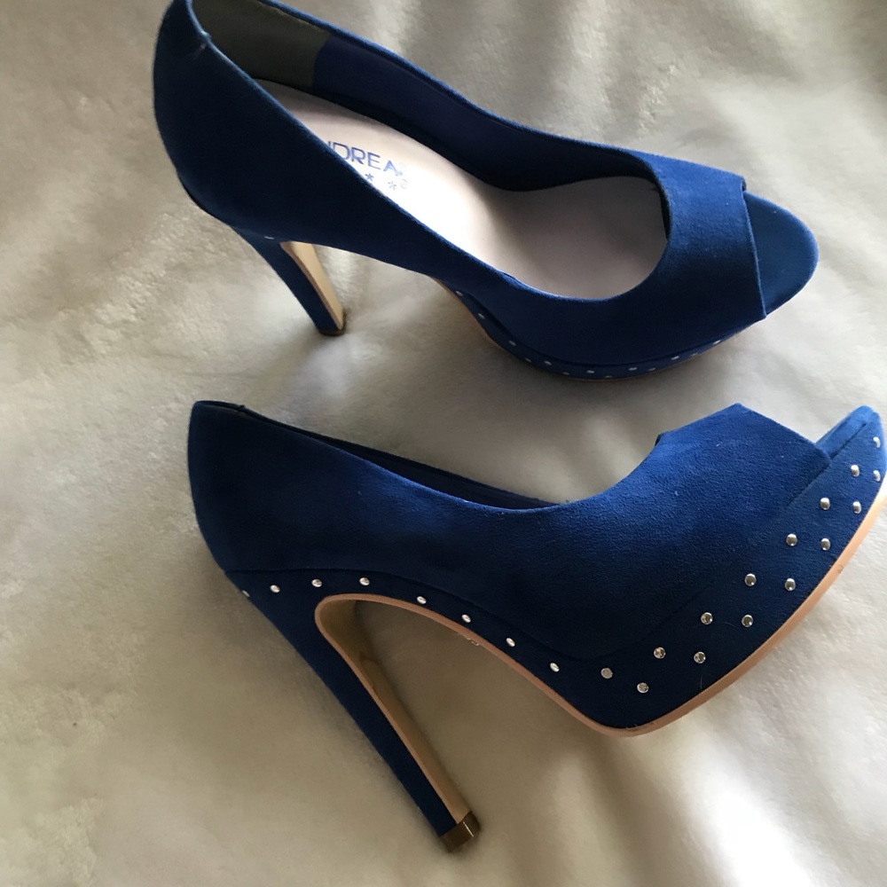 ANDREA Blue Suede Velour Peep Toe Heels 7
